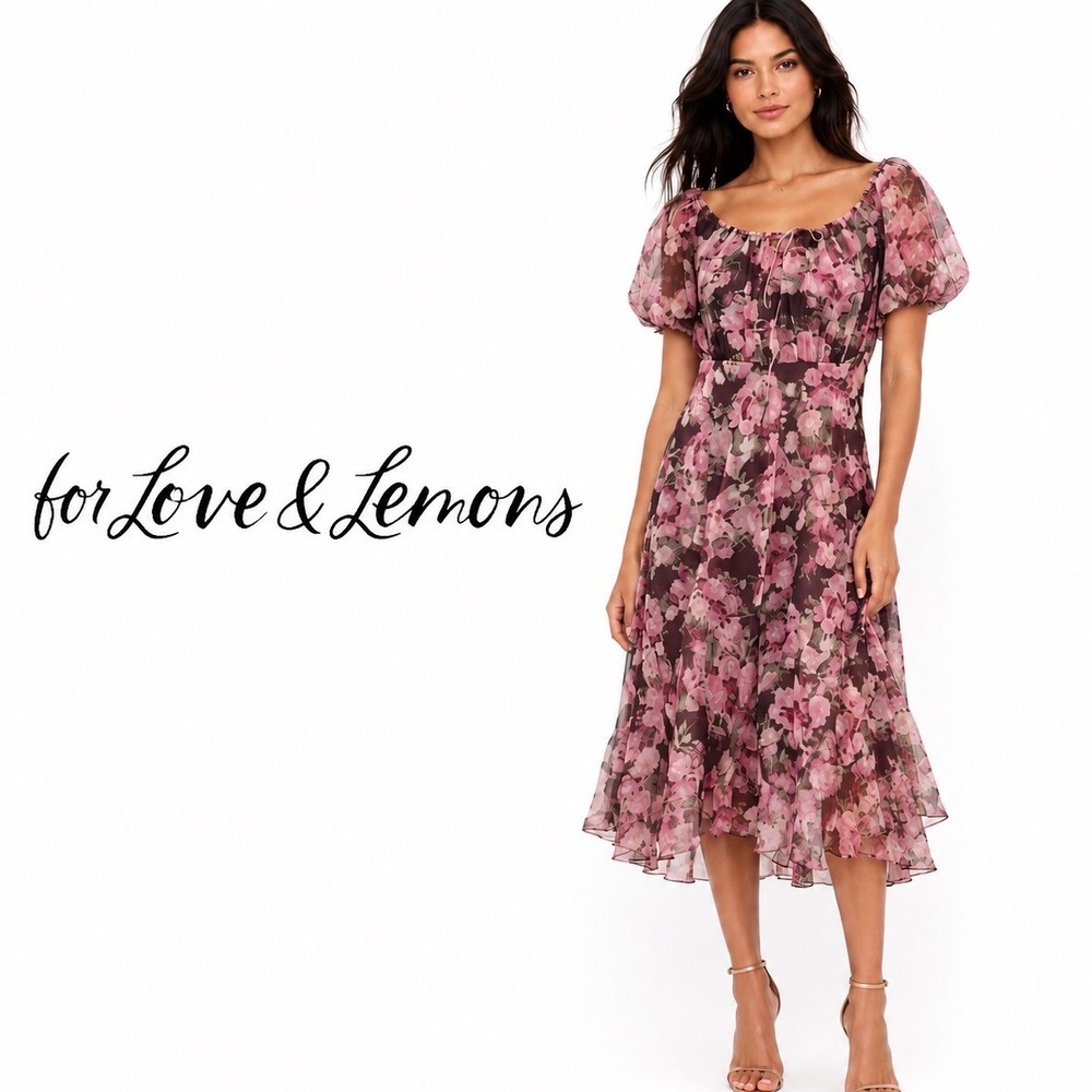 For Love & Lemons Pink‎ Floral Midi Dress XL New